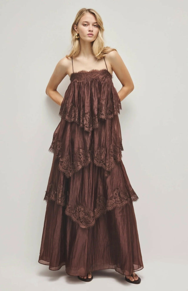 Aje Ophelia Lace Gown in Chocolate - Dresses