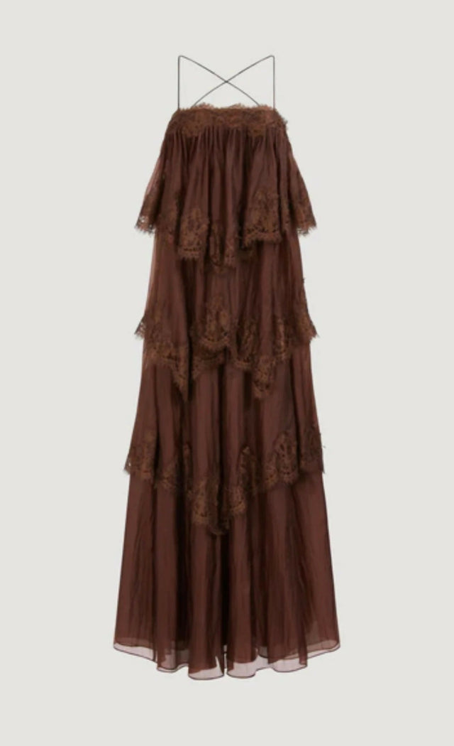 Aje Ophelia Lace Gown in Chocolate - Dresses