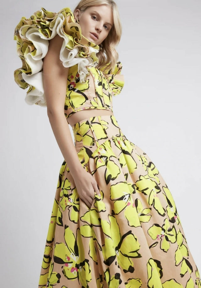 Aje Pelicano Citrus Bloom Midi Skirt & Frill Cropped Top - Dresses