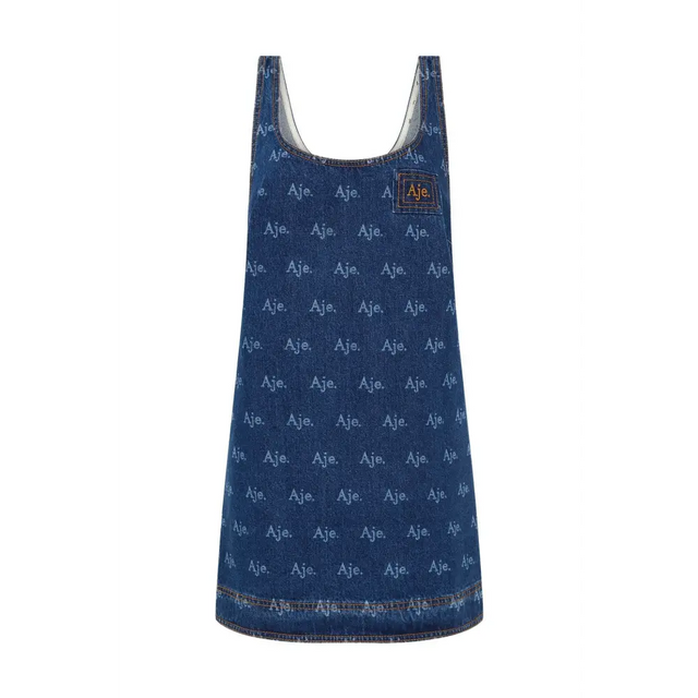 Aje Ratio Logo Denim Mini Dress Blue Print - Dresses