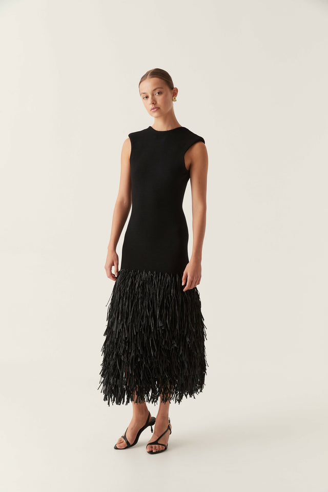 Aje Rushes Raffia Knit Midi Dress in Black Size 8 / S - 8 / Black - Dresses