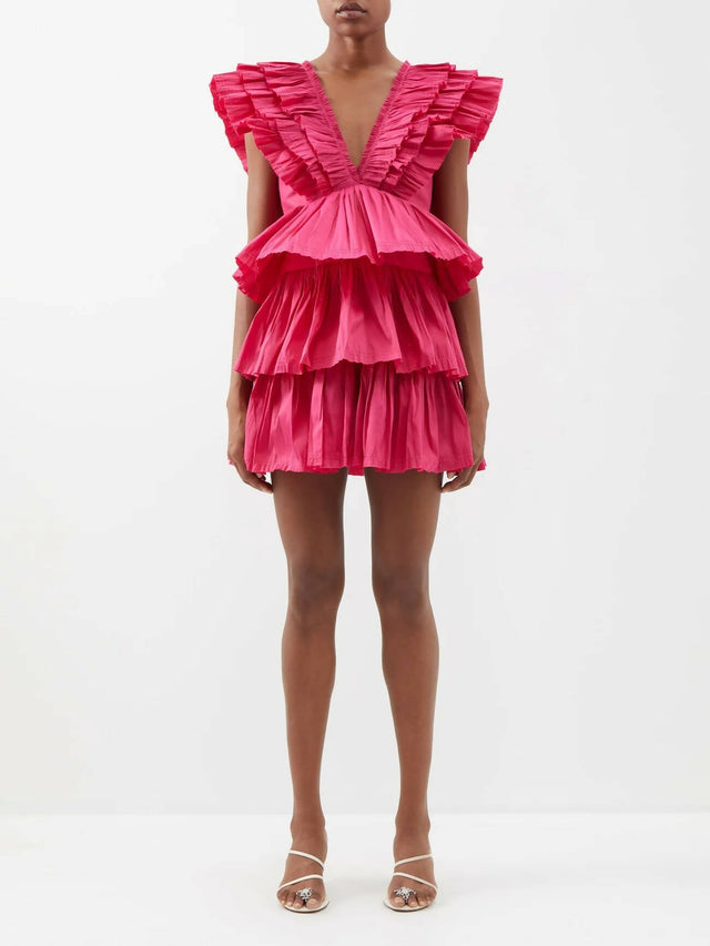 Aje Rythmic Frilled Mini Dress - 8 / Fuchsia - Dresses