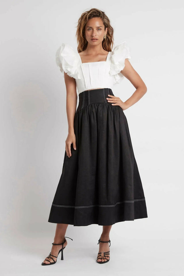 Aje Vanades Frill Crop Top & Flare Midi Skirt Set Ivory/Black Size 10/12 - 10 / Multi - Outfit Sets