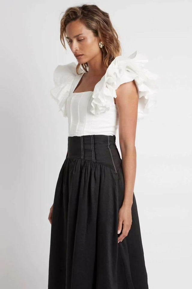 Aje Vanades Frill Crop Top & Flare Midi Skirt Set Ivory/Black Size 10/12 - 10 / Multi - Outfit Sets