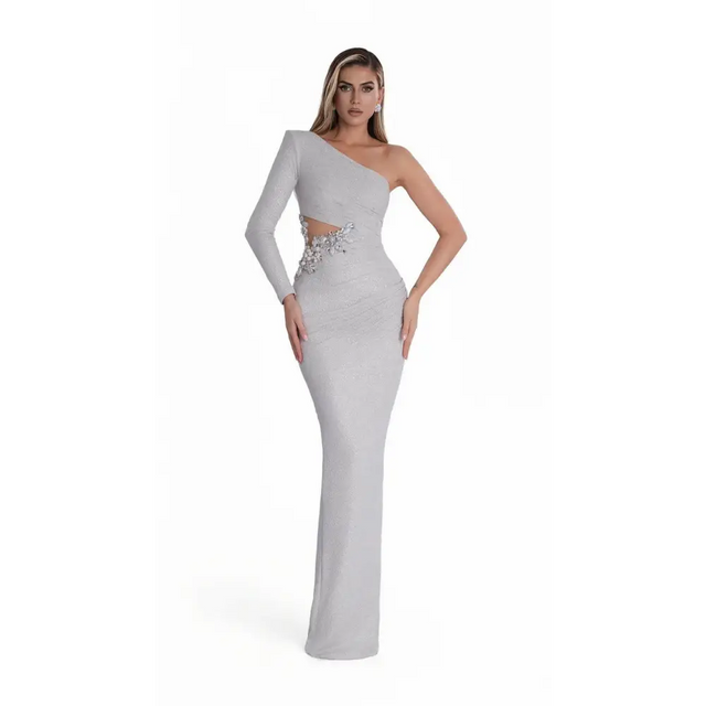 Albina Dyla Crystal-Embellished One-Sleeve Gown - 6 / Blue - Dresses