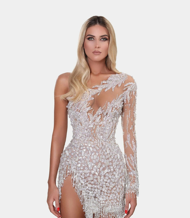 Albina Dyla Short One Sleeve Silver Beaded Dress Size S / AU 8 - 8 / Silver - Dresses