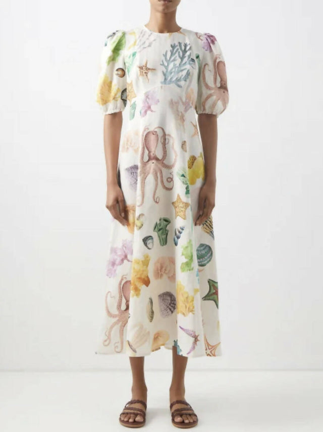 Alemais Adella Atlantis-Print Linen-Voile Midi Dress - 12 / Print - Dresses