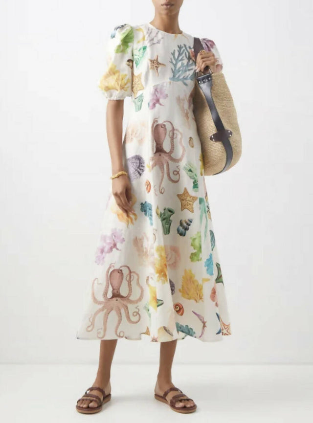 Alemais Adella Atlantis-Print Linen-Voile Midi Dress - 12 / Print - Dresses