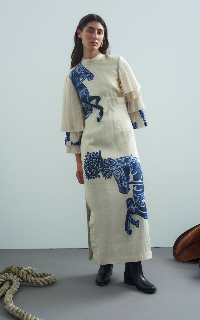 Alemais Blue Rider Pleat Sleeve Midi Dress Cream Print Size 14 - 14 / Print - Dresses