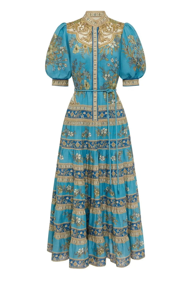 Alemais Casssie Tiered Midi Dress Blue Print - 16 / Blue - Dresses