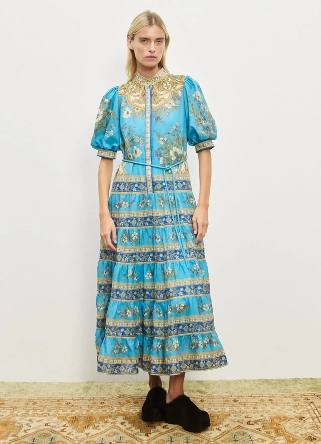 Alemais Casssie Tiered Midi Dress Blue Print - 16 / Blue - Dresses
