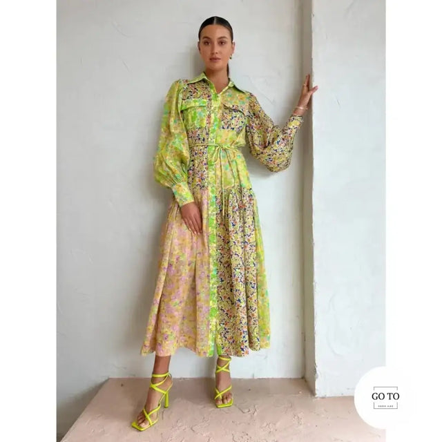 Alemais Daisy Patchwork Midi Dress Green Floral Size AU 6 - 6 / Multi - Dresses