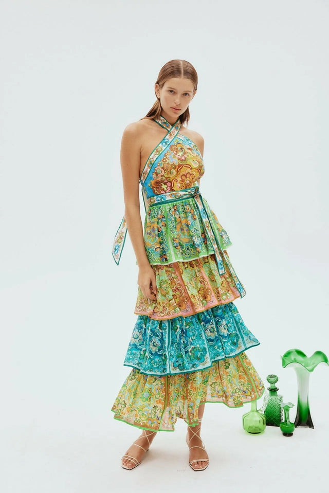 Alemais Dreamer Halter Tier Midi Dress Floral Size 6 - 6 / Multi - Dresses