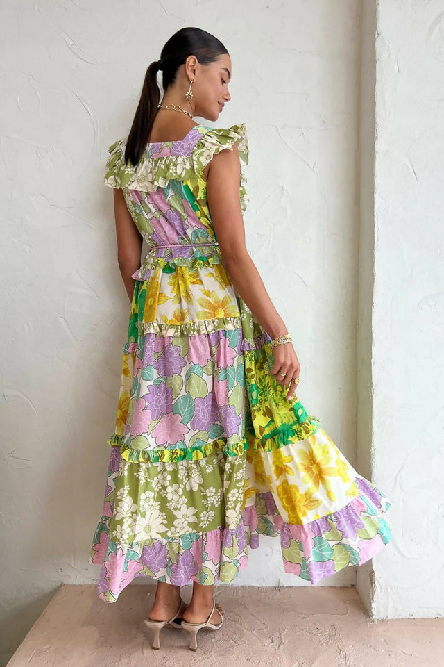 Alemais Elora Patchwork Tiered Multi Print Midi Dress Size 14 - 14 / Multi - Dresses