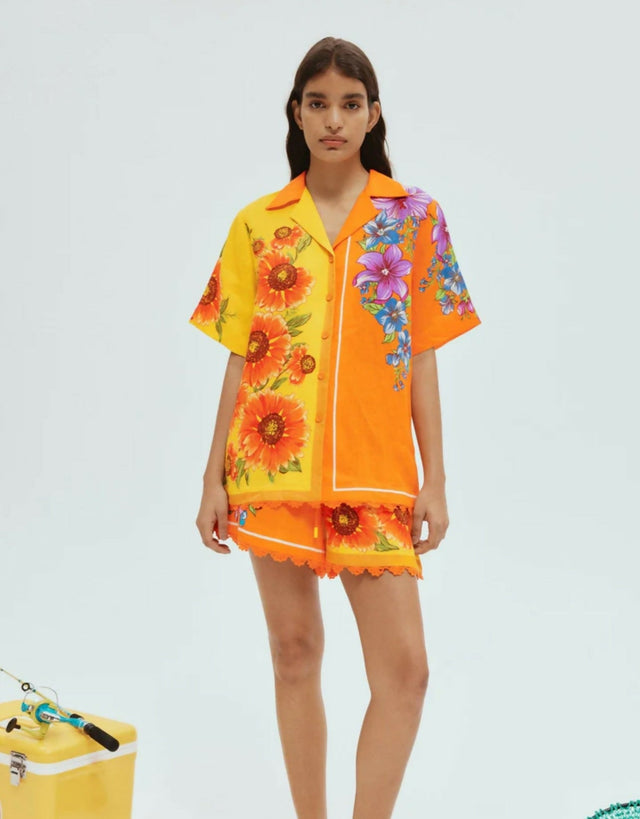 Alemais Jude Oversized Linen Shirt and Short Set Orange Floral Size AU 14 - 14 / Yellow - Outfit Sets