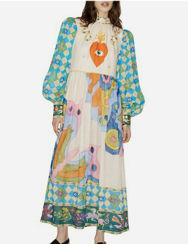 Alemais Lou Balloon Sleeve Midi Dress Multi Size AU 14 & 16 - Dresses