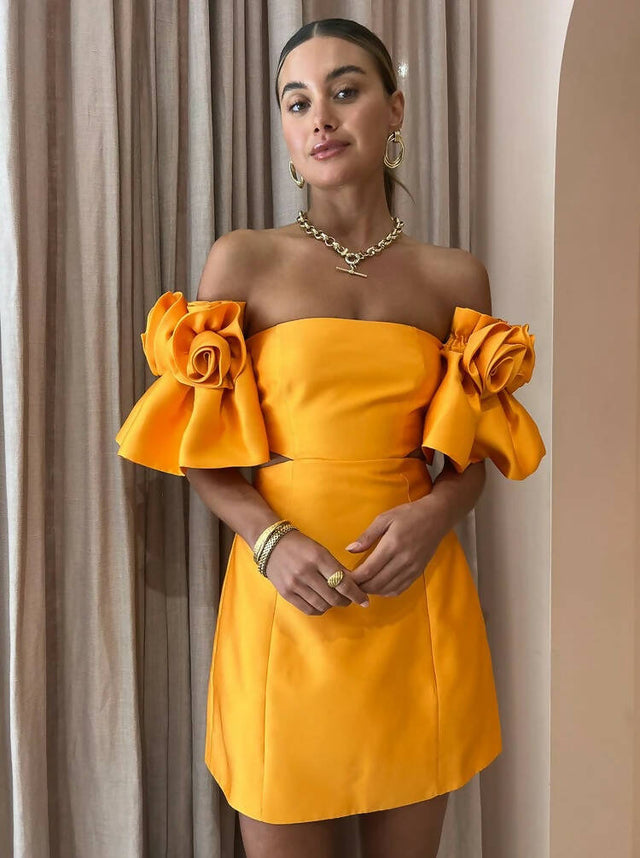 Alemais Macie Rosette Mini Dress in Saffron - 8 / Orange - Dresses