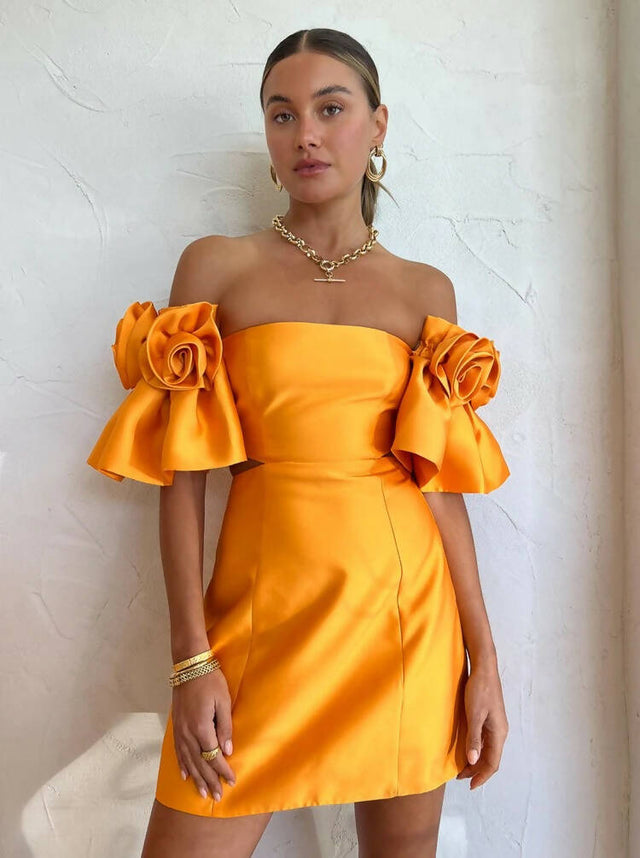 Alemais Macie Rosette Mini Dress in Saffron - 8 / Orange - Dresses