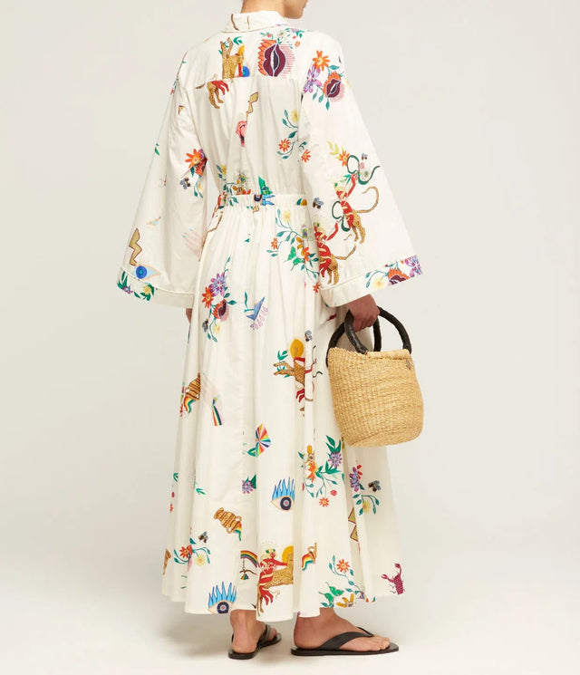 Alemais Meagan Cotton Poplin Kaftan Dress Cream Multi Size AU 12 & 14 - Dresses
