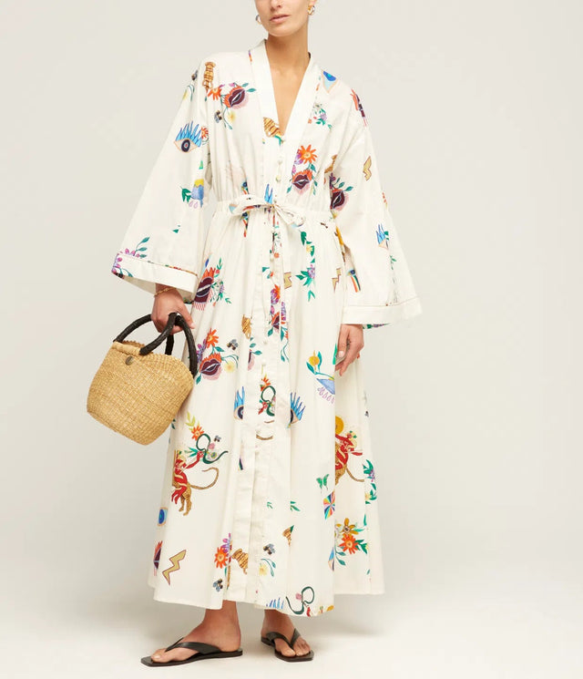 Alemais Meagan Cotton Poplin Kaftan Dress Cream Multi Size AU 12 & 14 - Dresses