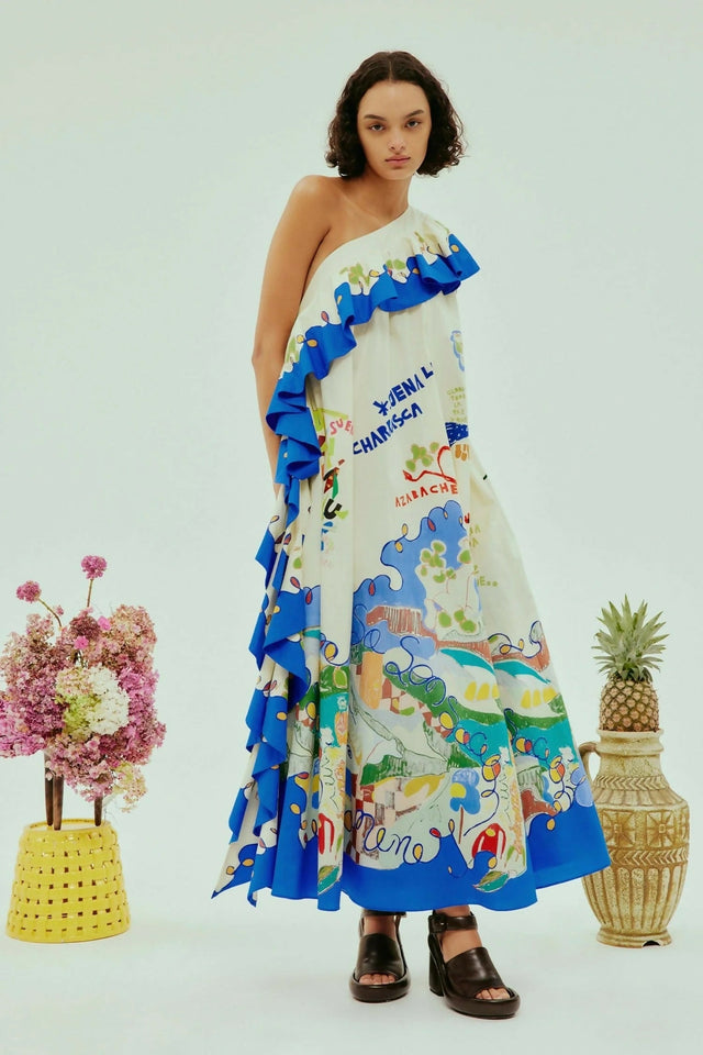 Alemais Nadia Dress One Shoulder Ruffle Maxi Print Size AU 16 - 16 / Print - Dresses