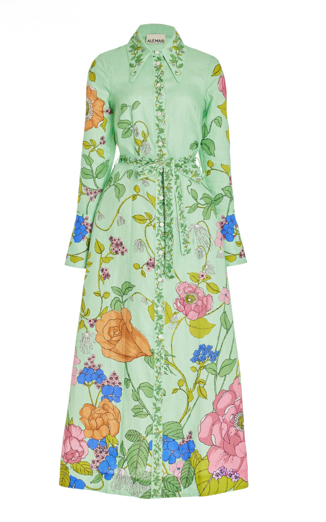 Alemais Olivia Floral Linen Maxi Shirt Dress Green Size 16 - 16 / Green - Dresses