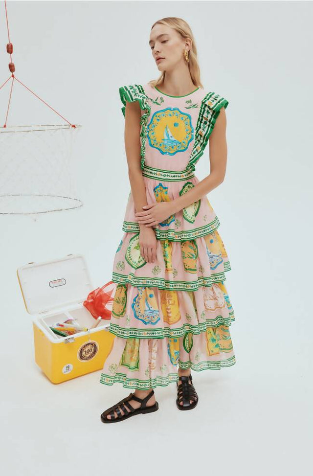 Alemais Porcelain Frill Midi Dress / Size 10 - 10 / Multi - Dresses