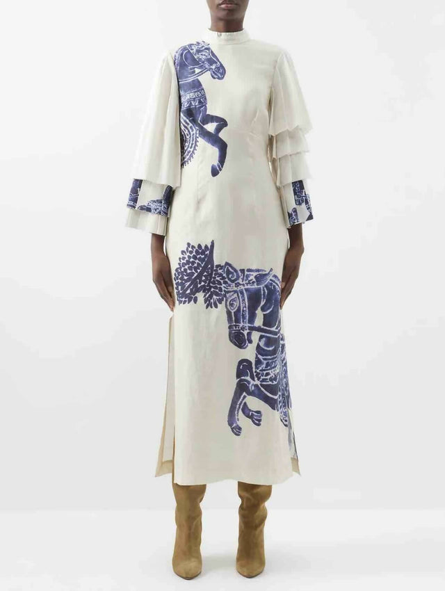 Alemais Rider Pleat Sleeve Midi Dress Cream/Blue Size 14 - 14 / Print - Dresses