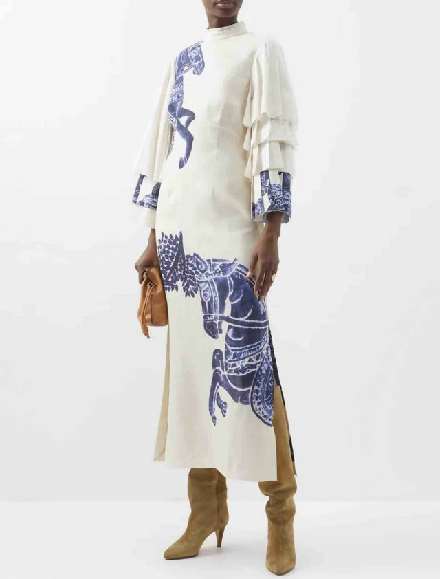 Alemais Rider Pleat Sleeve Midi Dress Cream/Blue Size 14 - 14 / Print - Dresses