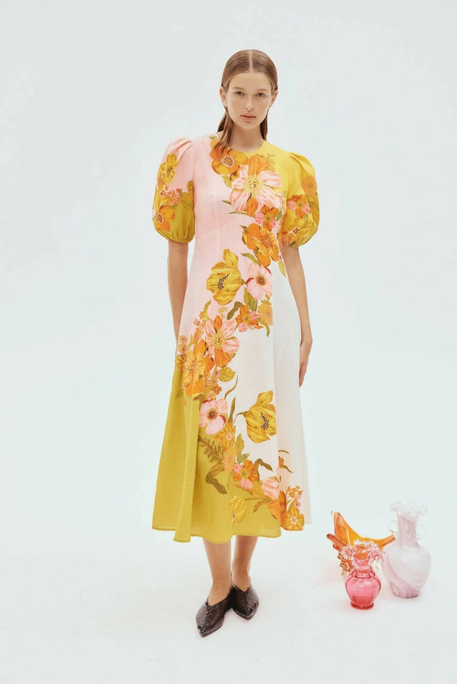 Alemais Silas Midi Dress Size 10 Floral Gold Green Pink - 10 / Floral - Dresses
