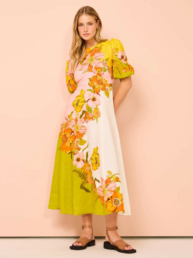 Alemais Silas Puff Sleeve Midi Dress - 14 / Floral - Dresses