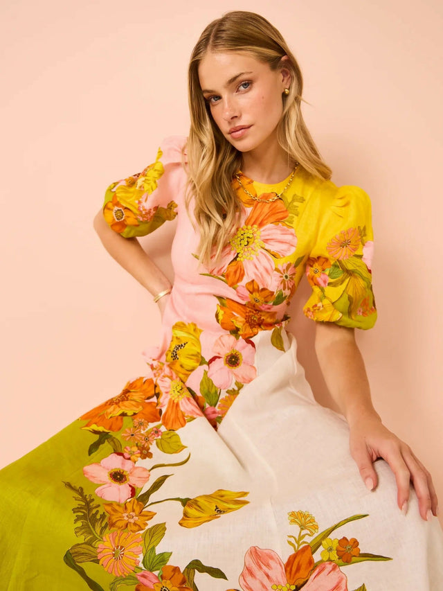 Alemais Silas Puff Sleeve Midi Dress - 14 / Floral - Dresses