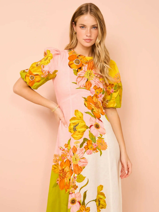 Alemais Silas Puff Sleeve Midi Dress - 14 / Floral - Dresses