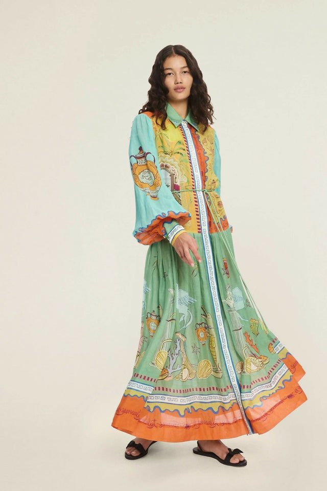 Alemais Surrealist Summer Ramie Midi Shirtdress Size 16 - 16 / Green - Dresses