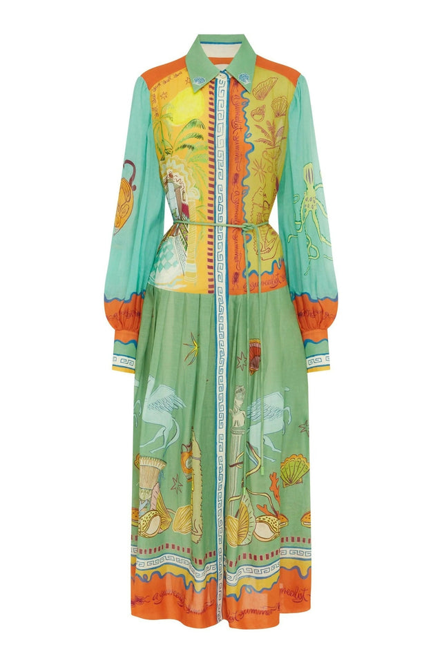 Alemais Surrealist Summer Ramie Midi Shirtdress Size 16 - 16 / Green - Dresses