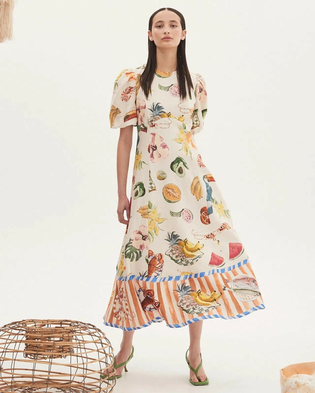 Alemais Theo Midi Dress Ivory Print Size AU 16 - 16 / Print - Dresses