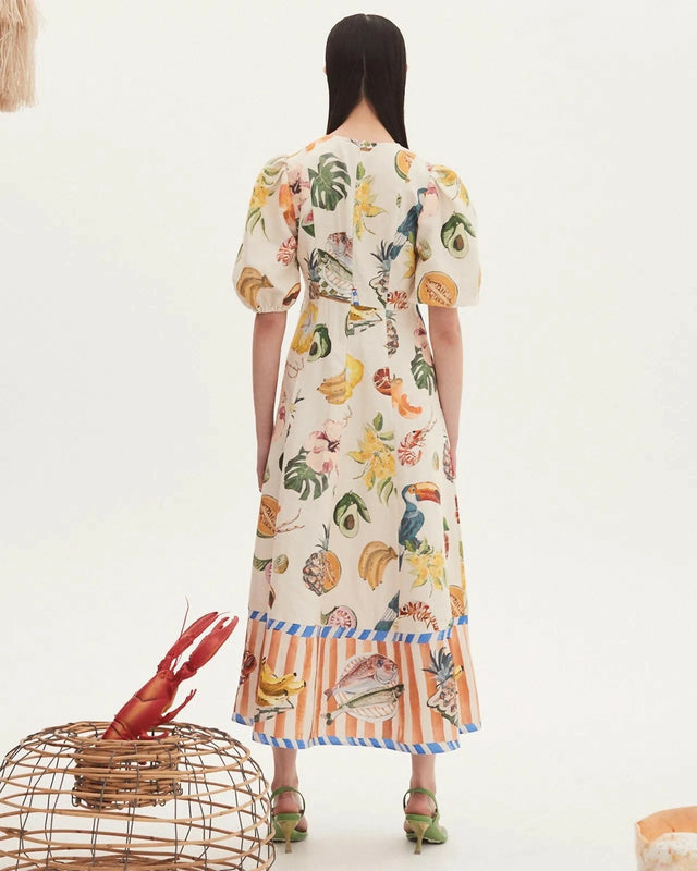 Alemais Theo Midi Dress Ivory Print Size AU 16 - 16 / Print - Dresses