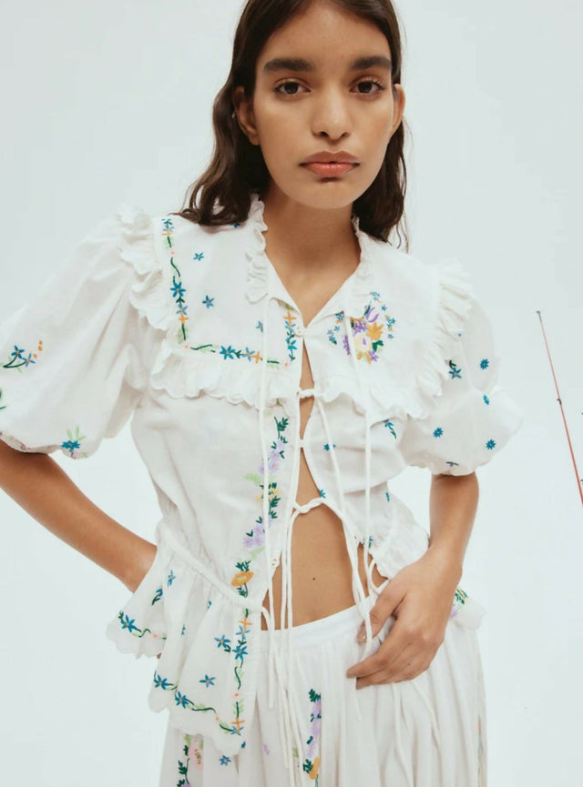 Alemais Willa Embroidered Blouse and Skirt Set Floral Size 14 - 14 / White - Outfit Sets