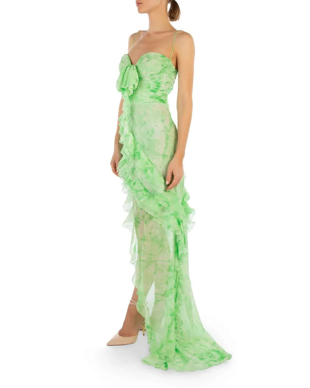 Alessandra Rich Asymmetric Embellished Tie-Dyed Silk-Georgette Gown Green Size 36/ AU 6 - 6 / Green - Dresses
