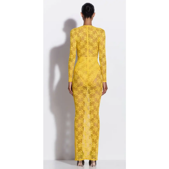 Alex Perry Long Sleeve Halter Column in Lace in Yellow - Dresses