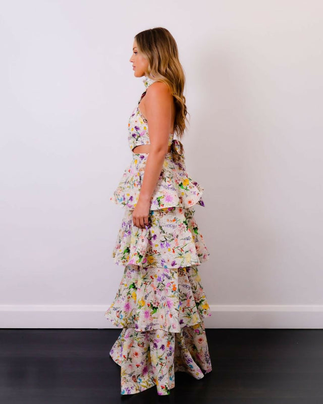 AquaBluHeatherDressInJardinePrintDressSide