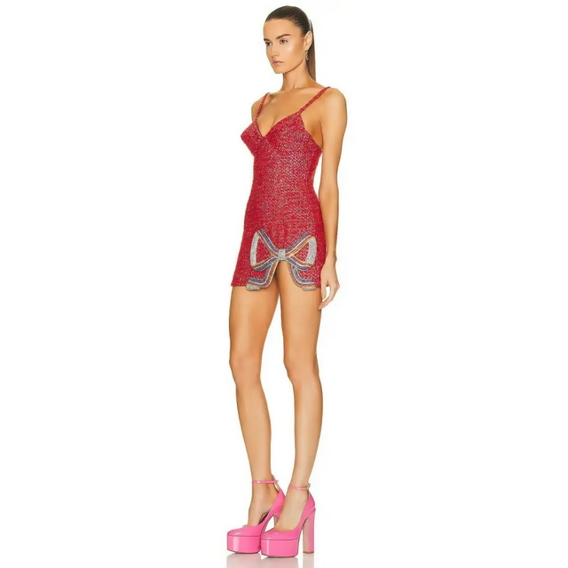 AREA Crystal Bow Mini Dress - 6 / Red - Dresses