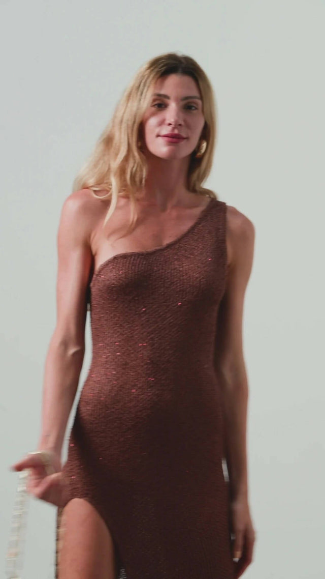 Asta Resort Sofia Split Sequin Midi Dress in Chocolate - Dresses