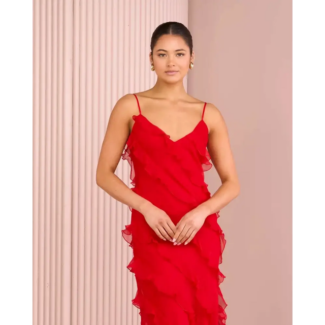 Azzurielle Penelope Ruffle Red Maxi Dress Size 8 - 8 / Red - Dresses
