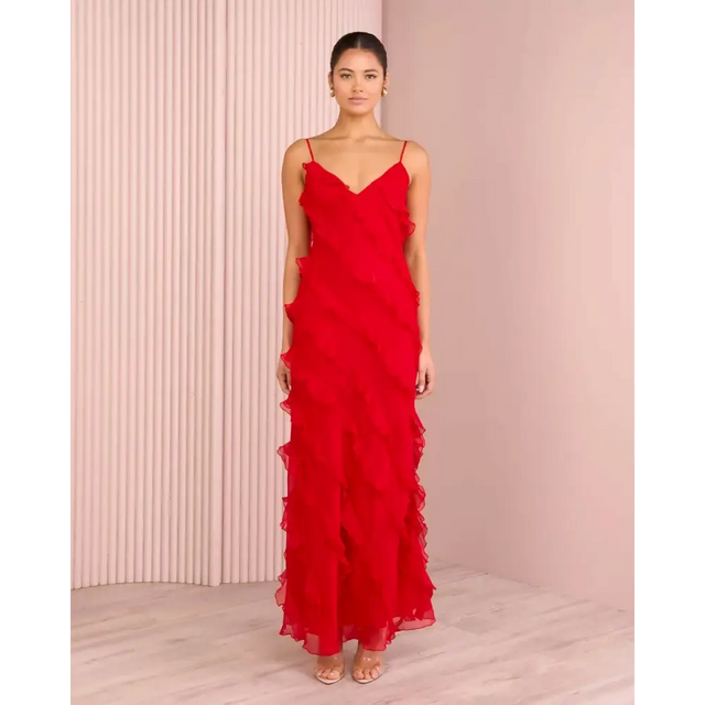Azzurielle Penelope Ruffle Red Maxi Dress Size 8 - 8 / Red - Dresses