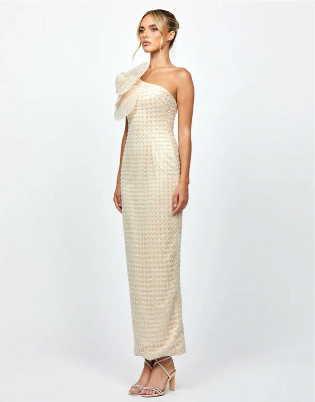 Bariano Dalylah One Shoulder Statement Midaxi Champagne Beige Pearl size 12 - Dress