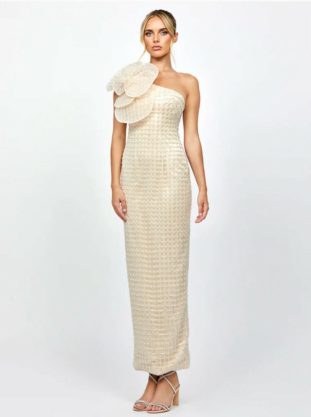 Bariano Dalylah One Shoulder Statement Midaxi Champagne Beige Pearl size 12 - Dress