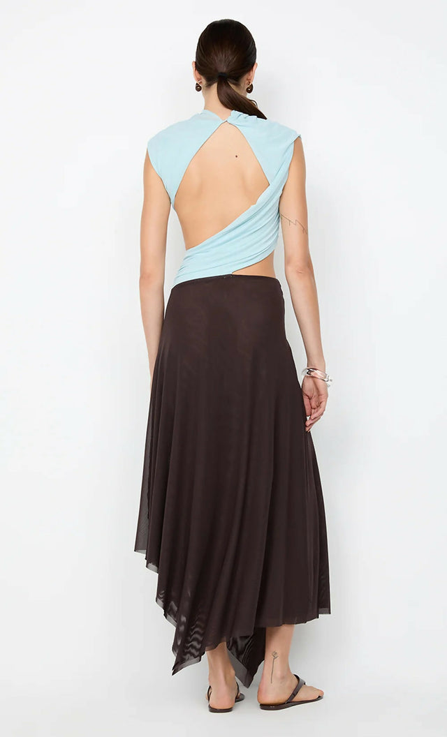 Bec & Bridge Conni Asym Midi Dress in Arctic Blue and Dark Chocolate - Dresses