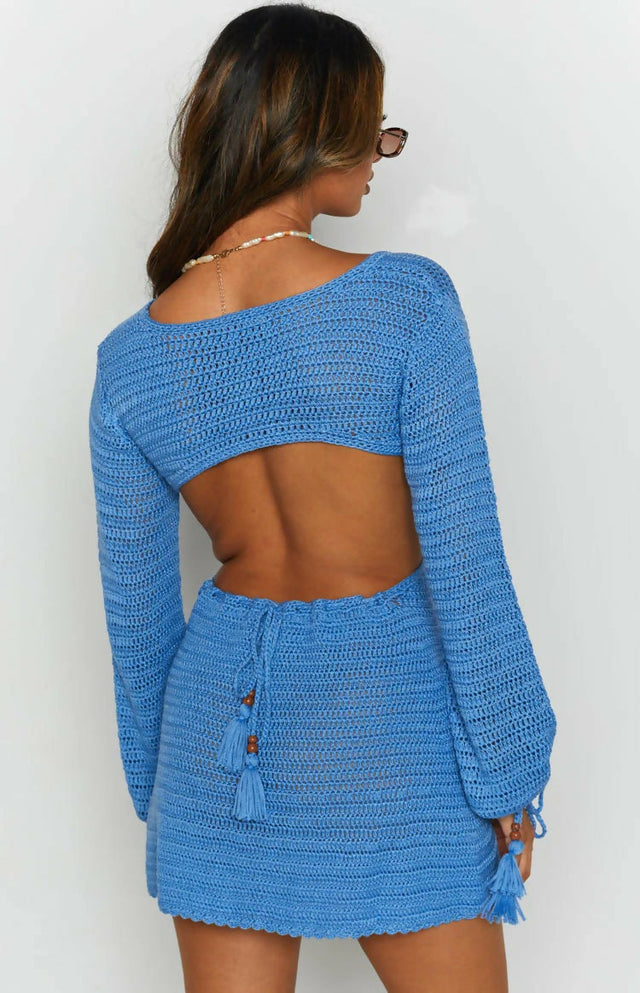 Beginning Boutique Cleo Crochet Dress in Blue - 6 / Blue - Dresses
