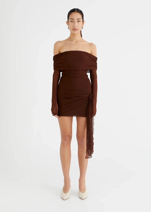 Benni Yasmin Off Shoulder Mini Dress - Cocoa - 10 / Brown - Dresses